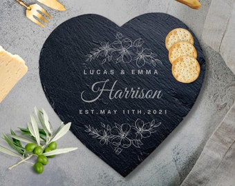 Personalised Heart Slate Serving Cheese Board, Custom Engraved Charcuterie Platter Placemat, Wedding Housewarming Gift for Mom Nanny Grandma