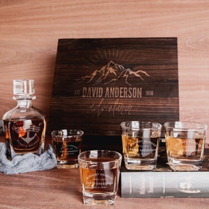 Engraved Wooden Boxed Curve Whiskey Decanter Set, 4  Scotch Glasses, Personalised Custom Rustic Vintage Whisky Birthday, Bar Gift