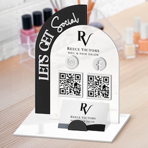 Personalised 3D Raised Acrylic Arch QR Code Social Business Sign & Card Holder, Custom Spa, Beauty, Cafe, Retail, Reception Display Signage