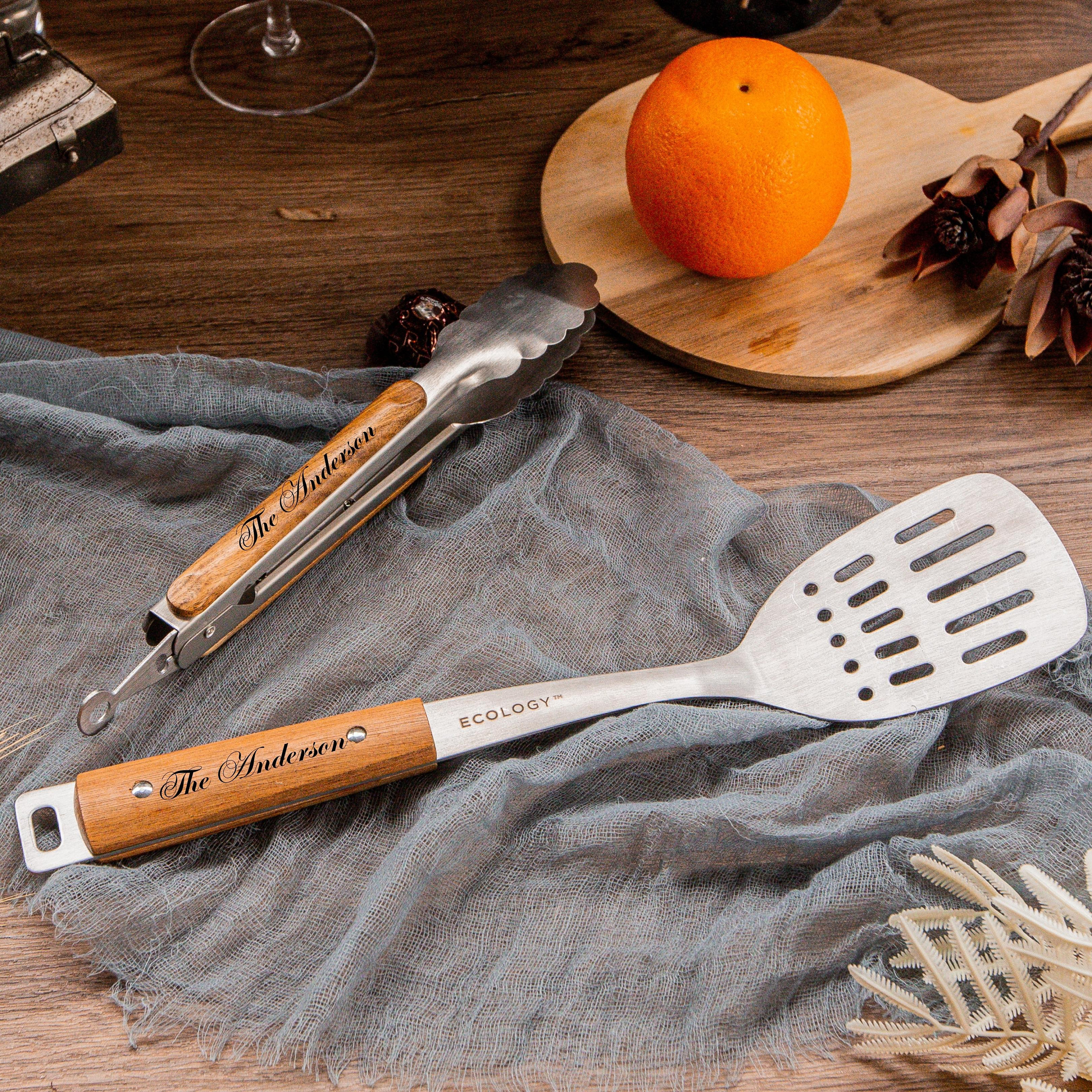 Personalised BBQ Tools Gift Set, Custom Laser Engraved Etching Barbecue Tongs & Spatula, Barbeque Grill Gift Him Dad Fathers Day GrillFather