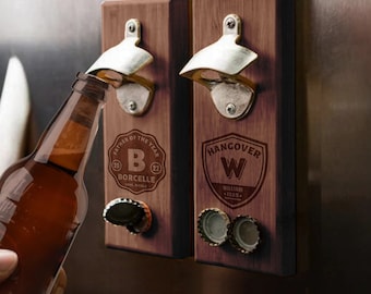 Custom Engraved Wooden Beer/ Drink Bottle Opener & Magnetic Cap Catcher, Personalised Name Logo , Father, Christmas, Groomsmen Gift for Him