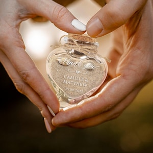 Personalised Heart Glass Jar, Custom Engraved Baptism, Honeymoon Sand Keepsake, Wedding Favour, Treats/ Seashells Container, Thank You Gift