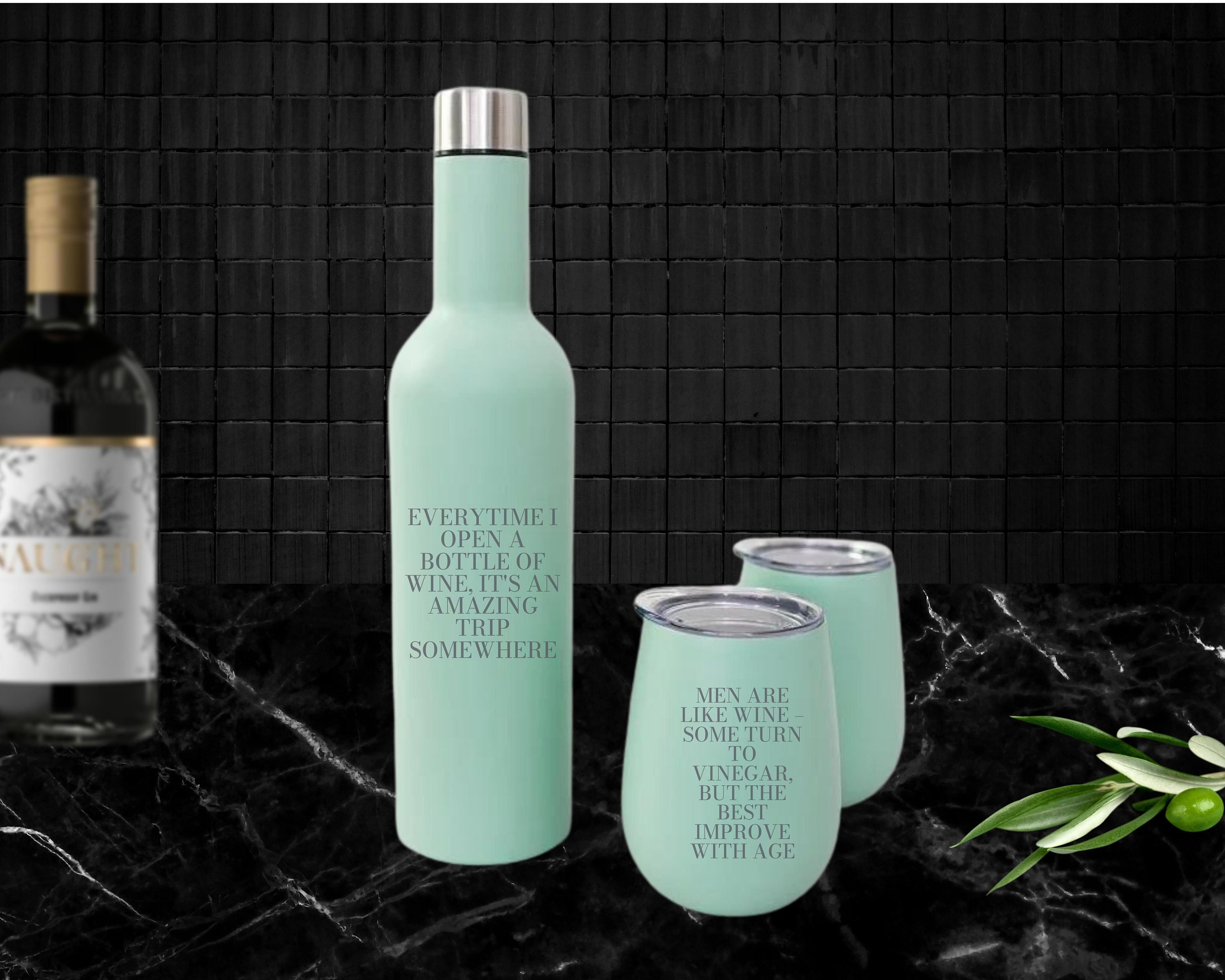 Viajeros aislados de doble pared de acero inoxidable grabados personalizados, juego de 3, botella de vino térmica y 2 vasos, logotipo personalizado, regalo corporativo