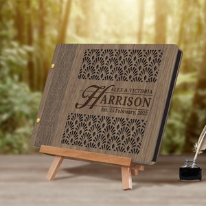 Libro degli ospiti di matrimonio con logo in legno personalizzato tagliato e inciso al laser, ricordo tradizionale del compleanno in compensato personalizzato, arredamento rustico vintage per feste