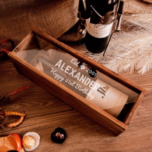 Personalised Clear Acrylic Lid & Rustic Wooden Wine Box Gift, Engraved Custom Housewarming/ Birthday, Mom-Dad, Teacher, Xmas, Wedding Favour