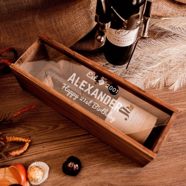 Personalised Clear Acrylic Lid & Rustic Wooden Wine Box Gift, Engraved Custom Housewarming/ Birthday, Mom-Dad, Teacher, Xmas, Wedding Favour