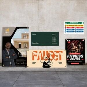 Puede incluir: Una colección de pancartas rectangulares con varios diseños. Una pancarta presenta a un agente inmobiliario con el texto "Meet Your Agent". Otra muestra un logotipo de cafetería con la palabra "FAUSET". Otras pancartas incluyen señales de seguridad y promociones de gimnasios.
