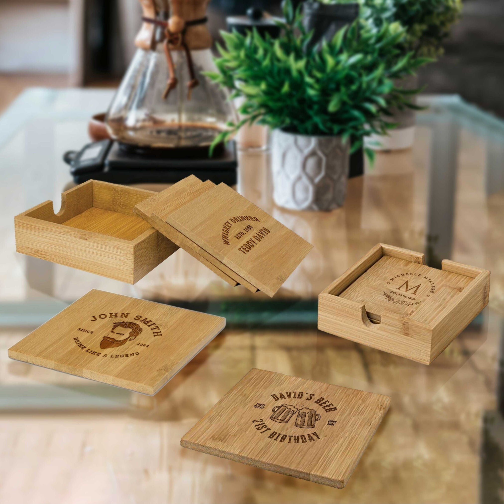 Personalised Set of 4 Bamboo Coasters, Custom Engraved Logo Drink Mat ...