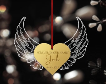 Adorno personalizado para árbol de Navidad con alas de ángel, nombre personalizado grabado en el cielo, para siempre en nuestro corazón, etiqueta de regalo con memoria amorosa, decoración de adorno