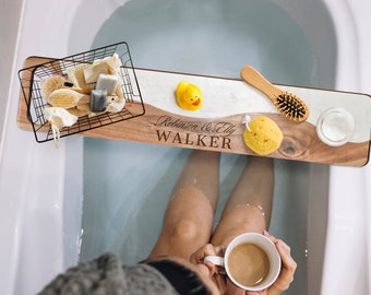 Personalised Acacia Wooden & White Marble Resin Bath Caddy, Engraved Bathtub Storage Organiser Rack, Multi Purpose Tray, Housewarming Gift