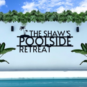 Panneau au bord de la piscine Retreat Oasis de palmiers tropicaux sur mesure, nom personnalisé acrylique piscine bar jardin/patio/deck art mural, cadeau de pendaison de crémaillère