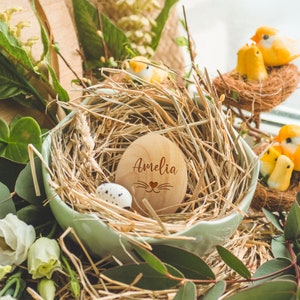 Personalisierte hölzerne Osterhase Ei, individuell gravierte Kaninchen Eier Korb Dekor, erster Geburtstag, Baby Memory Taufe Andenken, Weihnachtsgeschenk