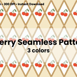 Può includere: Motivo senza cuciture con ciliegie rosse con steli verdi su sfondo color crema. Il design include un motivo a rombi con contorni dorati. È presente anche il testo "Cherry Seamless Pattern" e "3 colors".