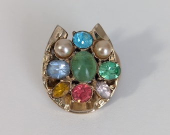 Coro Vintage Lucky Horseshoe Pearl Rhinestone Gold tone Brooch Pin