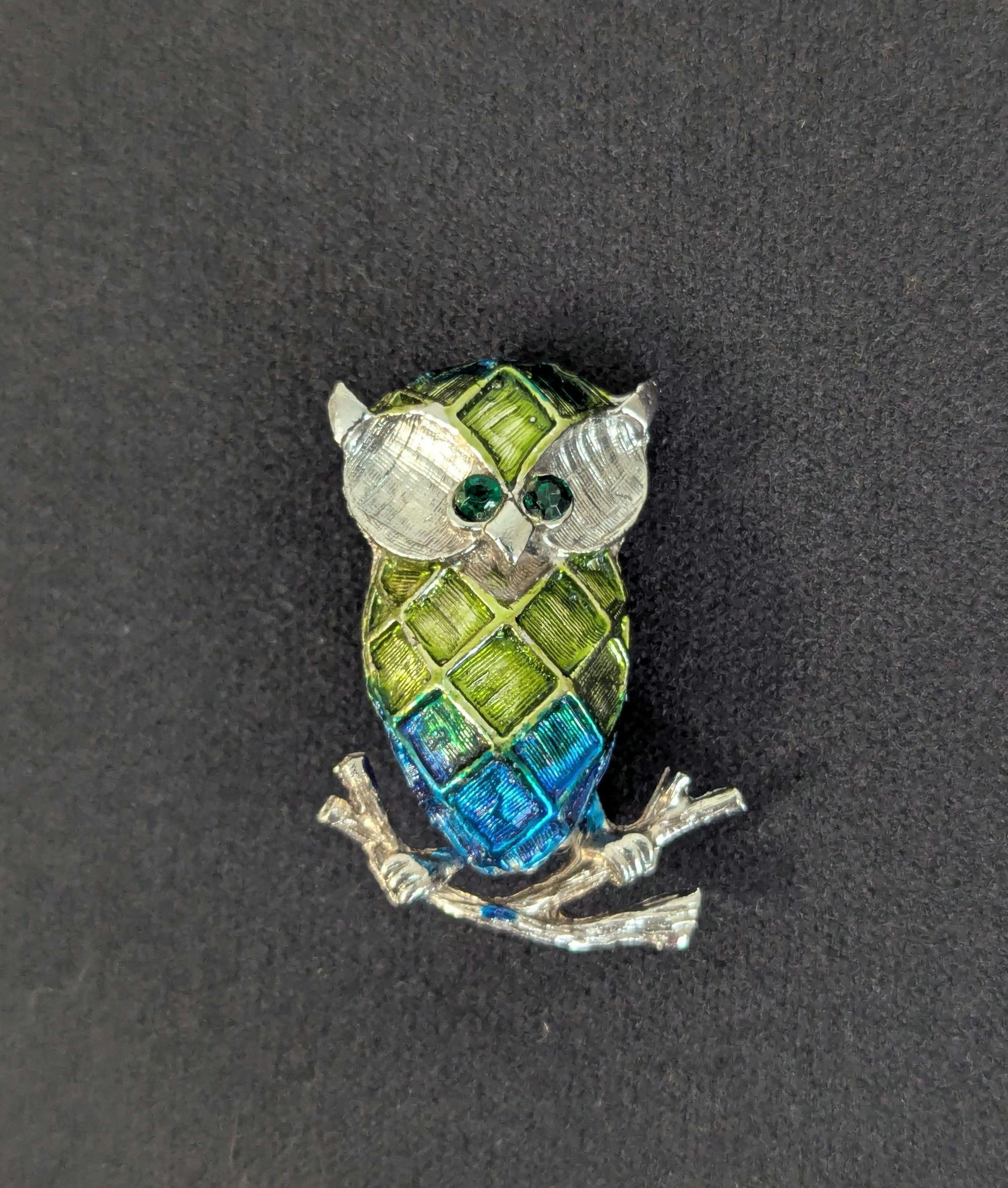 Vintage Brushed Metal Owl Brooch with Jewel Eyes MCM
