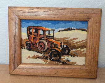 Vintage 1970s Finished Framed Needlepoint Ford Classic Car