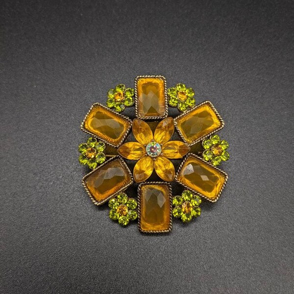 Vintage Amber and Green Rhinestone Floral Brooch
