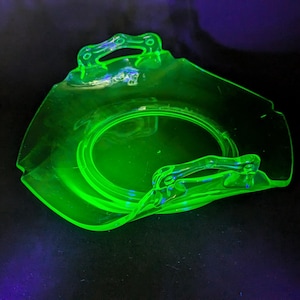 Depression Glass Curved Side Handles Bon Bon Dish, Green Urnanium/Vasoline Glass, Pressed Glass Candy Dish