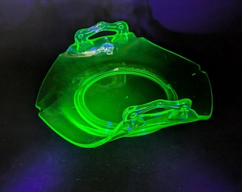 Depression Glass Curved Side Handles Bon Bon Dish, Green Urnanium/Vasoline Glass, Pressed Glass Candy Dish