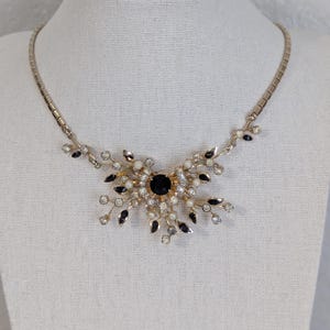 Vintage Coro Gold Tone Rhinestone, Pearl & Enamel Floral Choker Collar Necklace Black Gold