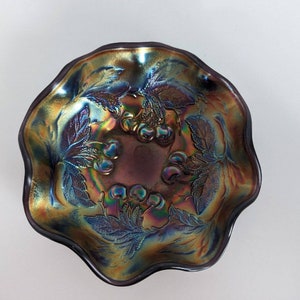 Vintage Dugan Purple Amethyst Carnival Glass Cherries Sauce Bowl