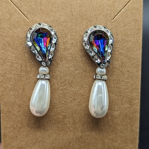 Vintage Colorful Rhinestone And Faux Pearl Drop Dangle Pierced Earrings