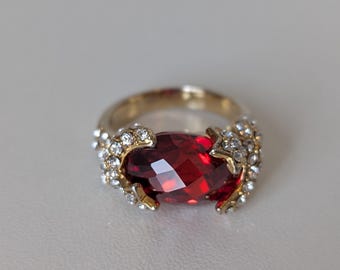 Vtg Scarlet Cocktail Ring Faux Faceted Ruby with Pave Star Accents Size 7
