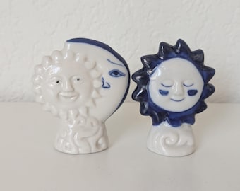 Vintage 90s Celestial Ceramic Sun Moon Hand Painted Blue And White Figurines