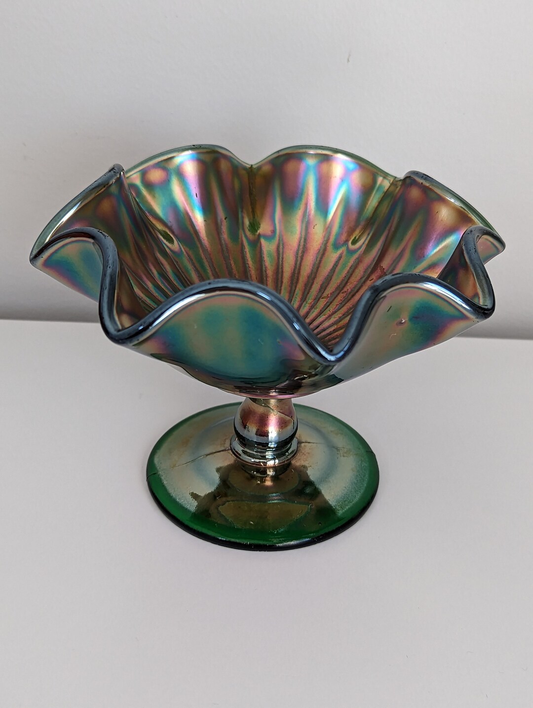 Vintage Carnival Glass Compote Dish, With Green Base - Etsy