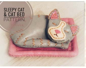 Patrón PDF de cuero para cama de gato y gato soñoliento