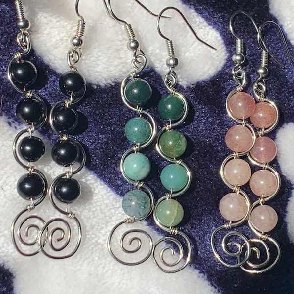 crystal earrings; wire wrapped beaded  crystal earrings; rose quartz, jasper, obsidian