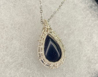 Blue goldstone crystal pendant silver necklace crystal jewelry wire wrapped pendant crystal necklace goldstone necklace goldstone jewelry
