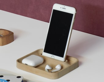 Wooden Phone Stand For Desk, Mobile Phone Holder For Office Desk, Office Accessory And Organizer, Docking Station