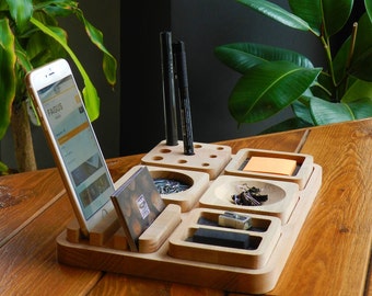 Modular Desk Organizer, Wooden Desktop Accessory, Phone Holder, Home Office Storage, Pencil Holder Gift For All