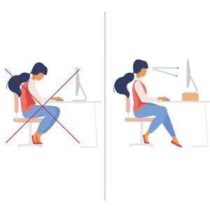 May include: Illustration showing two people sitting at a desk, one with incorrect posture and the other with correct posture. The person with incorrect posture is hunched over with their head down, while the person with correct posture is sitting upright with their head level. The illustration is a guide for proper posture while working at a desk.