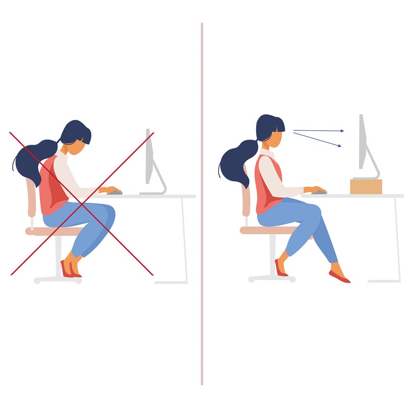 May include: Illustration showing two people sitting at a desk, one with incorrect posture and the other with correct posture. The person with incorrect posture is hunched over with their head down, while the person with correct posture is sitting upright with their head level. The illustration is a guide for proper posture while working at a desk.