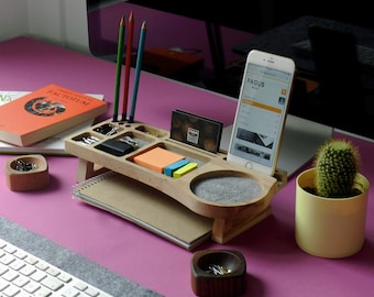 Office Desk accessory, wooden table organizer, workplace organization, phone and business card holder