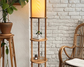 Modern Shelf Floor Lamp – Solid Wood 3-Tier Display with Linen Shade