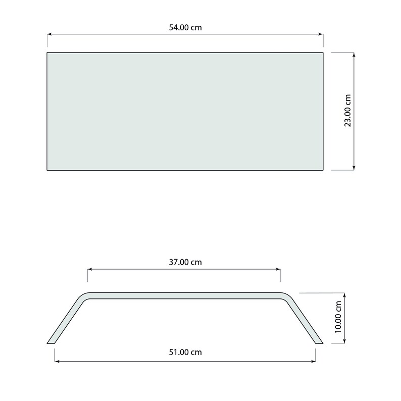 May include: A rectangular glass tabletop measuring 54.00 inches by 23.00 inches. A metal base with a curved top measuring 51.00 inches wide and 10.00 inches high.
