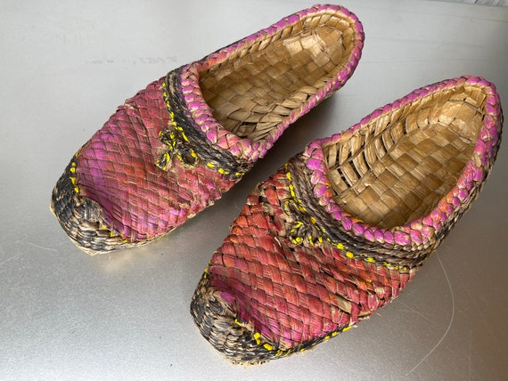 Vintage Woven Braided Multicolor Primitive Shoes Straw Multicolor