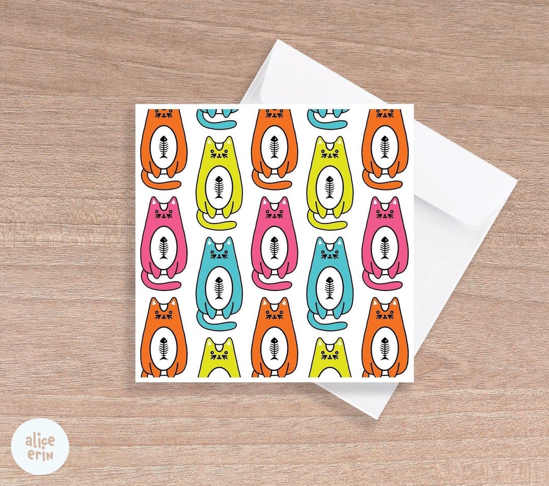 Colourful Cats / Birthday / Greeting Card / Pattern / Square - Etsy