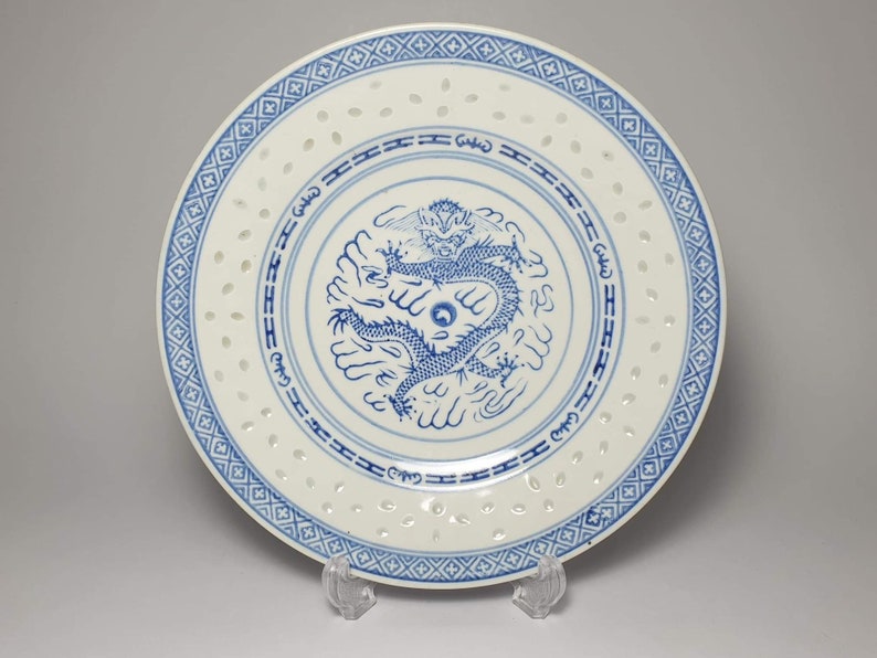 Chinese Dragon Rice Eyes 8\u201d Plate Vintage China Blue and White Porcelain Vintage Blue and White China China Rice Grain Plate