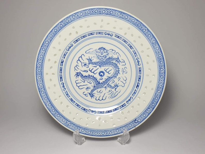 Chinese Dragon Rice Eyes 8\u201d Plate Vintage China Blue and White Porcelain Vintage Blue and White China China Rice Grain Plate