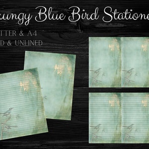 Grungy Blue Bird Juego de papelería imprimible / Papel estacionario imprimible / Papel de escritura imprimible / Papel de nota imprimible / Descarga digital