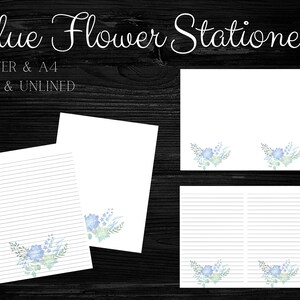 Papelería DIGITAL Blue Flower / Papelería / Papelería de escritura de cartas / Tamaño de papel de carta y A4 / Páginas de diario