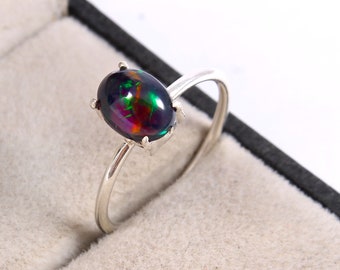 Natural Black Fire Opal Ring-Oval Cabochon-925 Sterling Silver-October Birthstone