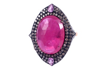 Natural Ruby Ring-Diamond and Sapphire Accents-Oval Rose Cut-18k Yellow Gold Band-Vintage Ring-Prong Set