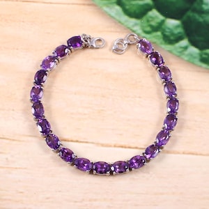 Natural Amethyst Bracelet-Oval Cut-925 Sterling Silver-Chain Bracelet-Amethyst Tennis Bracelet-Silver Amethyst Bracelet-February Birthstone