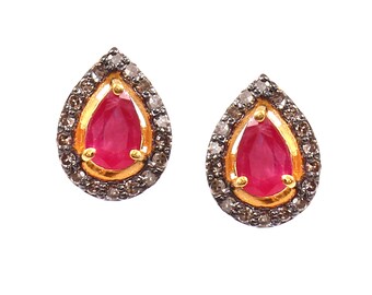 Ruby Diamond Pear Cut Stud Earrings – Sterling Silver July Birthstone