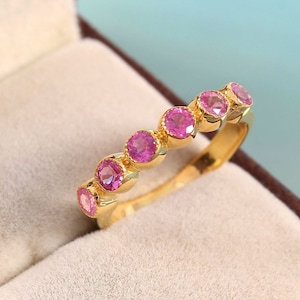 Natural Pink Sapphire Band Ring-Diamond Cut-925 Sterling Silver-Promise Ring-Bezel Set Band-Gold Plated-July Birthstone